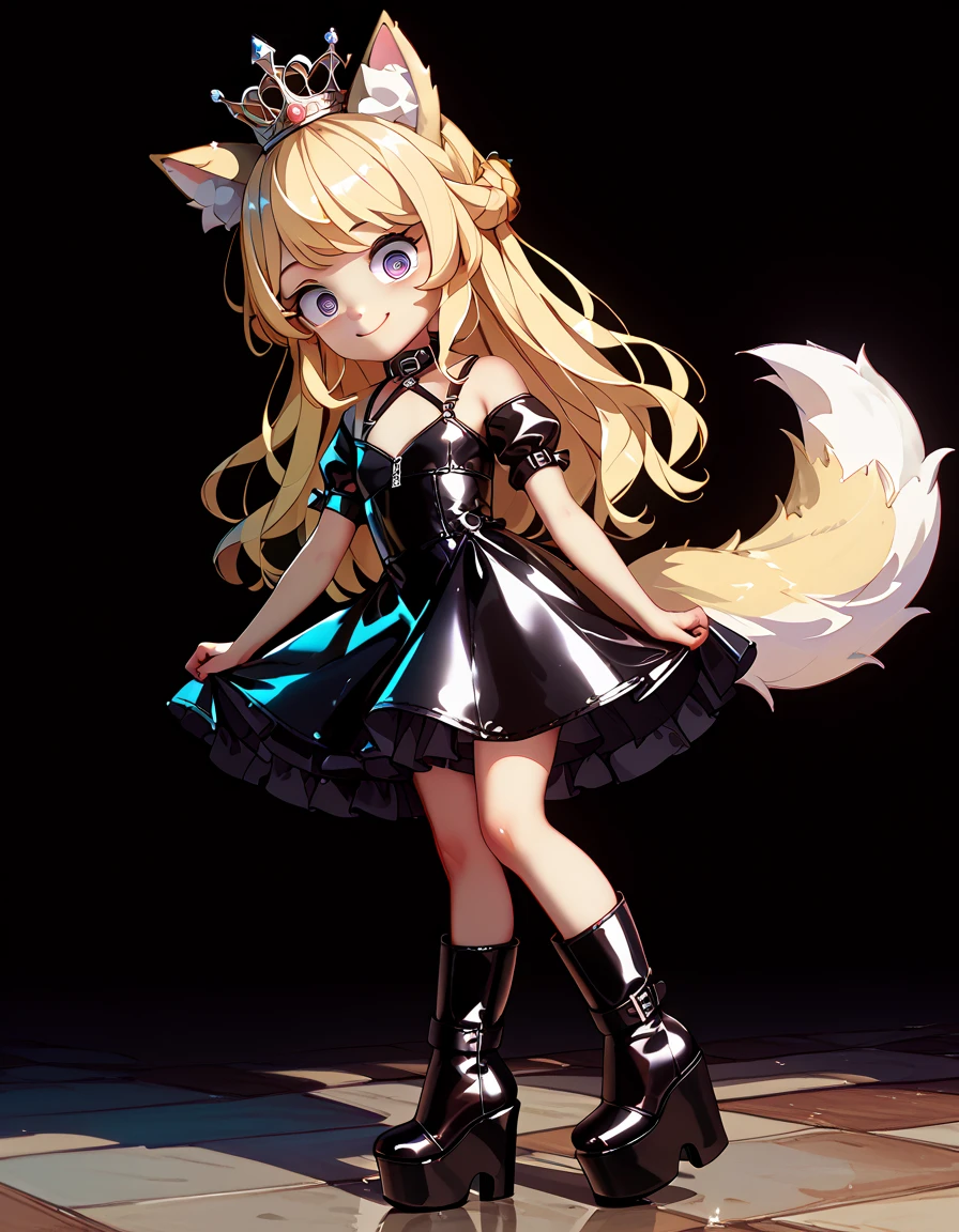  high image quality、 High Quality 、  girl、 big eyes、Droopy eyes、smile、Pure、crown、Wolf ears、Wolf Tail、Blonde、Platform boots、princess、 leather bondage dress