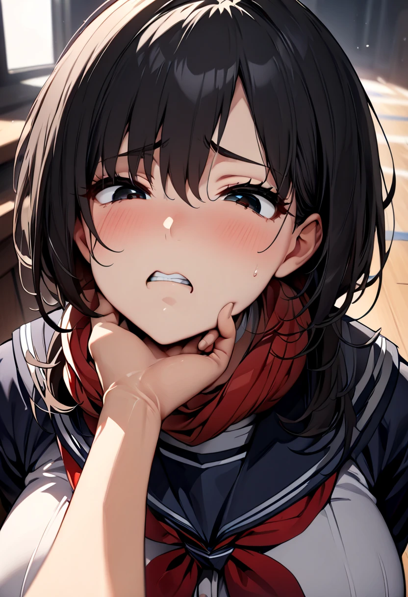 (  Masterpiece  ,   top quality:1.2), 1 girl, Alone,  expressive eyes,  squirm on the floor and look above, ((( looking at the camera))),  Female College Student,  Short Black Hair , ((( perfect face girl who wraps a neckerchief directly around her neck))), Big tits uniform, Troubled face, (Looking down), (((face shot))), (POV hand), (((POV grab your chin )))