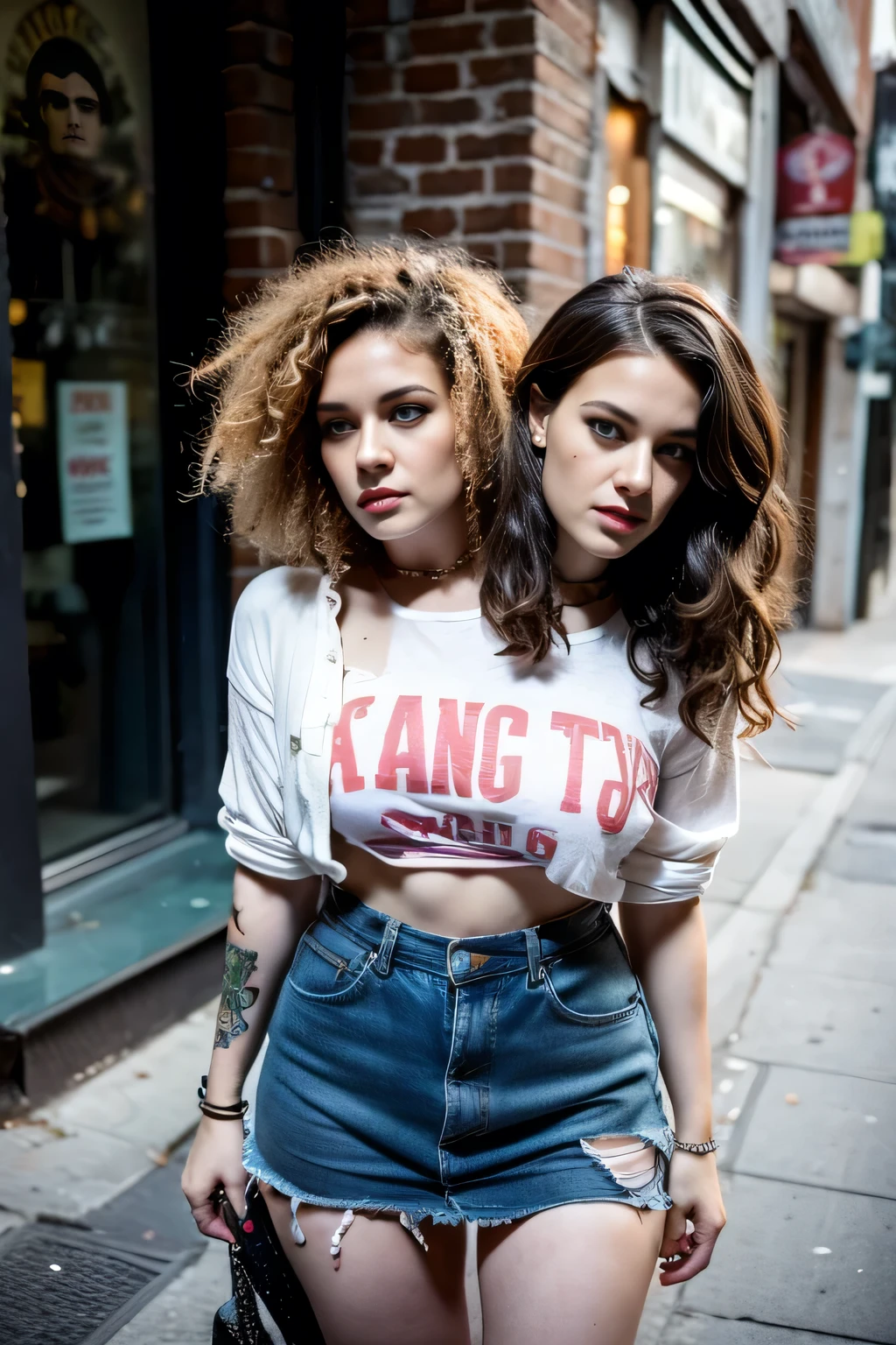 2heads, female couple, age 28, two heads on one body, conjoined, one torso, hipsters, curly hair, short hair, long hair, punk rock fashion, at the bookstore