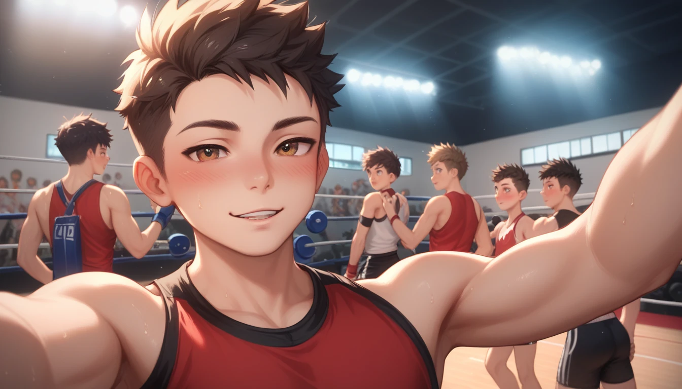 Two handsome cute kiid little young boy 5yr,kiidnap,delicious expression,blush,messy short hair,from front,in public gym,kiid face,wearing clothes wrestling,pose,selfie in gym,fullbody,HD,4k,8k,dynamics lighting,perfect lighting,realistic