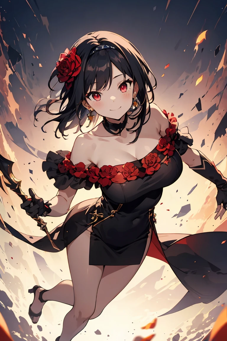 Anime style beutiful woman, 1girl,fullbody, happy, (with sparkling eyes and a contagious smile:1.2), red face, closed mouth, beautiful detailed eyes, super detailed skin, backlighting, bare shoulders, black background, black dress, black gloves, black hair, breasts, dress, earrings, fingerless gloves, floating hair, floral print, flower, gloves, gold earrings, gold hairband, hair flower, hair ornament, hairband, holding, holding weapon, jewelry, large breasts, long hair, looking at viewer, off-shoulder dress, off shoulder,red eyes, short hair with long locks, sidelocks, solo, spikes, thighs, two-sided dress, two-sided fabric, weapon, fighting stance , face, close up, from above, highest quality, high resolution,Real World, Natural light,perfect Natural light,looking at viewer,