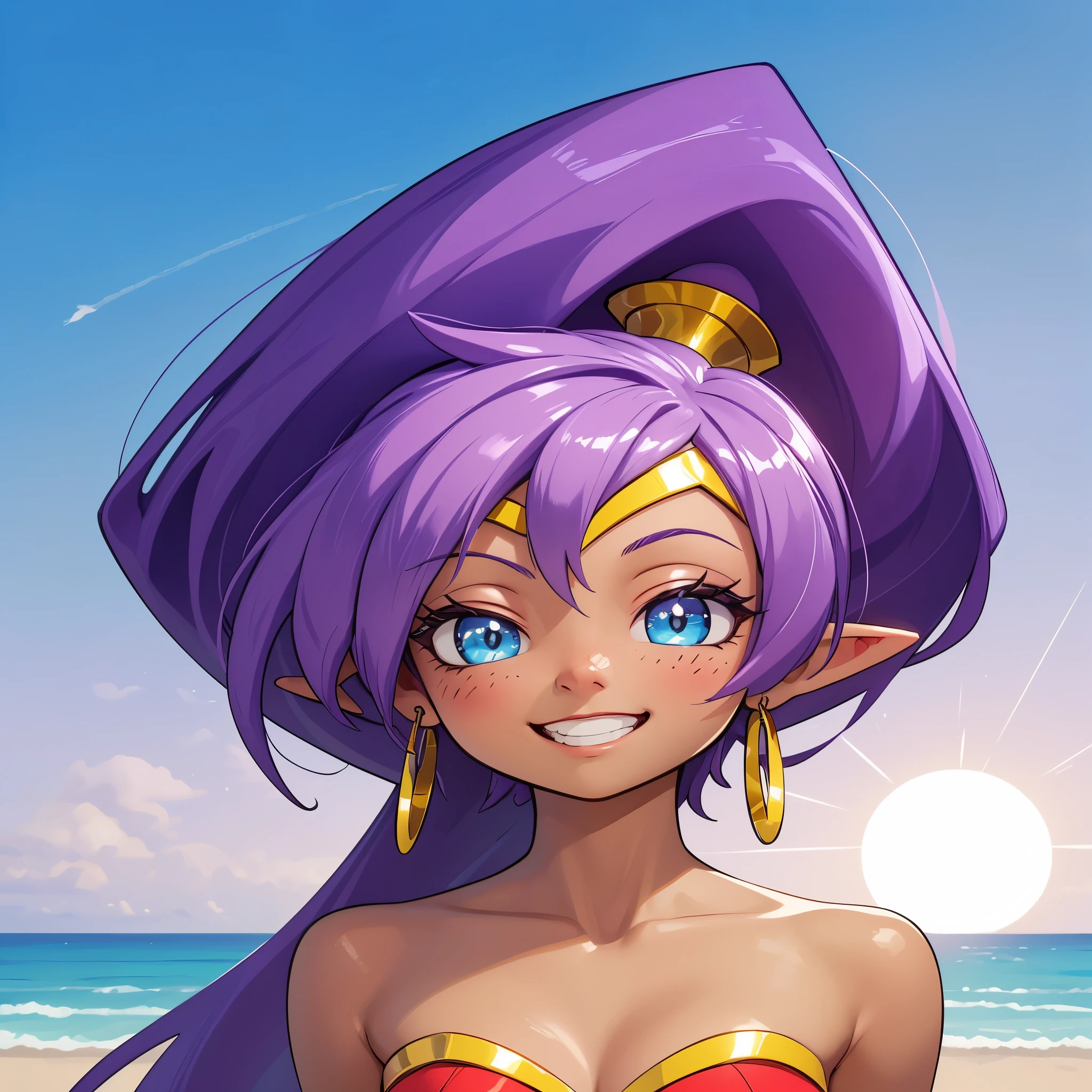 [Shantae], ((masterpiece)), ((HD)), ((highres)), ((face portrait)), ((close up)), ((front view)), ((cartoon aesthetic)), ((beautiful rendering)), ((detailed shading)), ((intricate details)), {(attractive figure), (dark skin tone), (brown skin), (purple hair), (spiky bang), (long ponytail), (cute blue eyes), (white reflection in eyes), (long eyelashes), (blushing), (cute grin)}, {(gold hoop earrings)}, {(looking at viewer)}, [ambient lighting, beach, glistening ocean, sun rays]