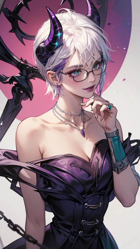 8k, masterpiece, best quality, highly detailed, 1girl, tiefling, warlock, multicolored hair, white hair, short hair, strippled hair, round glasses, earrings, mole, glowing green eyes, sexy, pink and blue robe, miniskirt, garter belt, high heels, navel piercing, white shirt, two horns at forehead, holding staff, villainous, smirk, flirtatious pose, pet raven, spider, close up view, dress decorate with rose, sitting on the throne, rings, looking at viewer, hand touching chin.