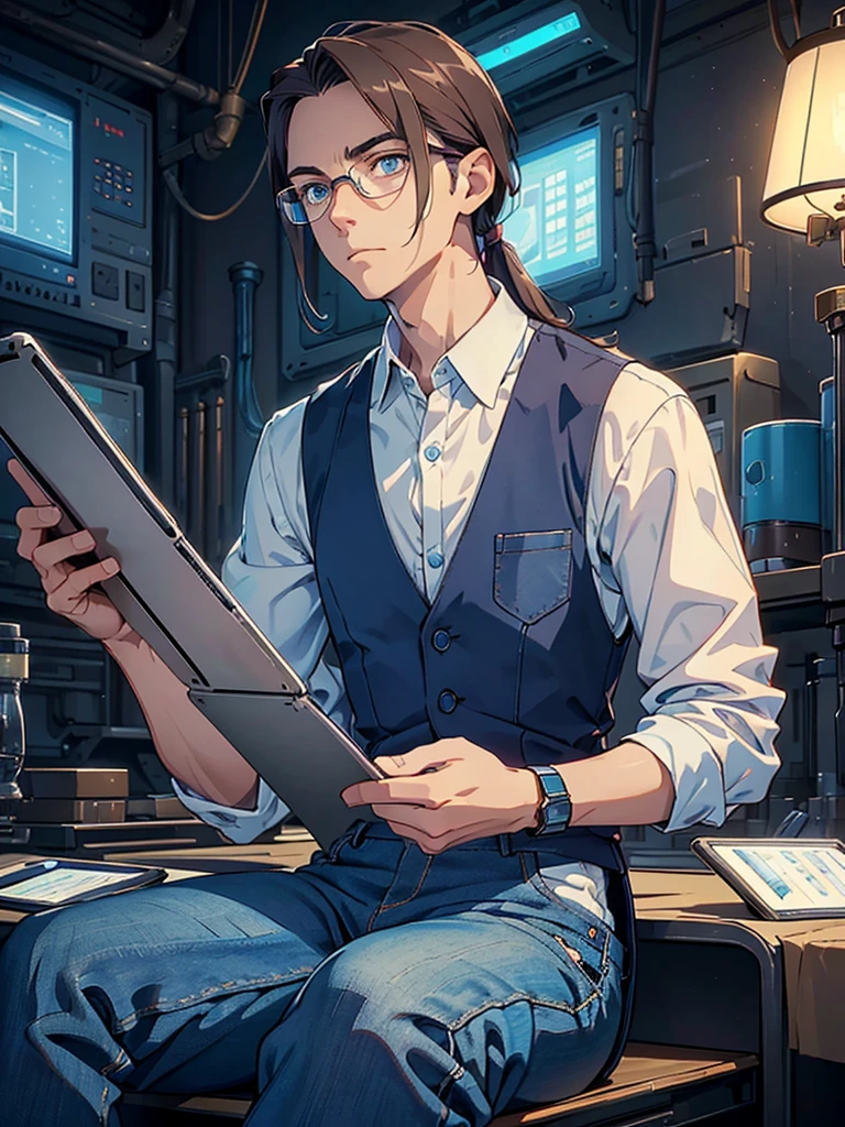 masterpiece, high quality, male, mid-30s, (upper body), sitting, ((holding tablet)), tall, slender, short dark blond hair, long hair, blue colored eyes, (glasses), looking worried, looking sad, wearing white shirt, (open) waistcoat, cargo jeans, sneakers, wristwatch, futuristic lab, 