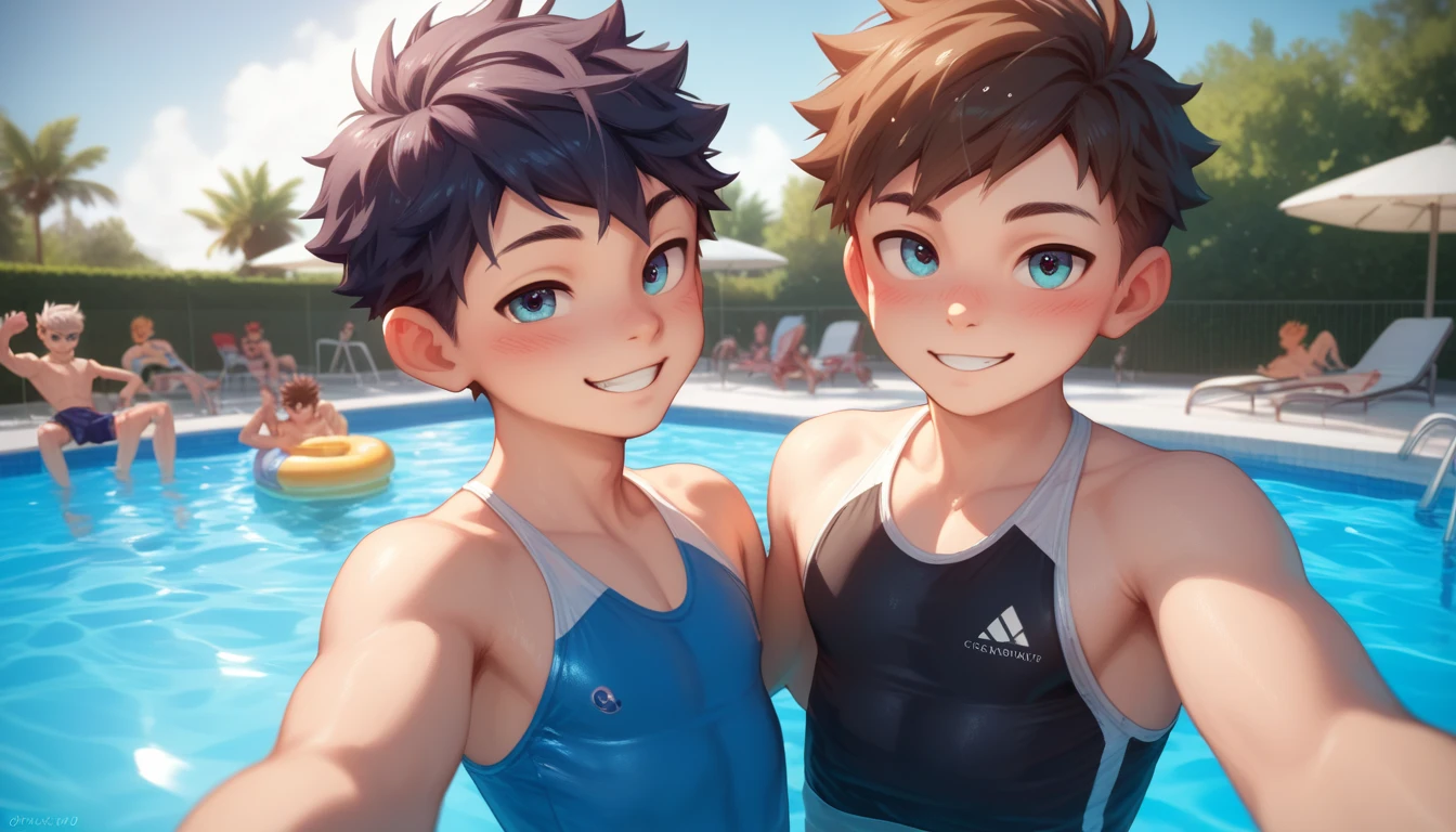 Two handsome cute kiid  boy 5yr,kiidnap,delicious expression,blush,messy short hair,from front,in public pool,kiid face,wearing clothes swimming,selfie in pool,fullbody,HD,4k,8k,dynamics lighting,perfect lighting,realistic