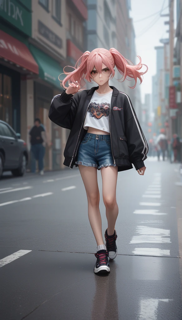 3d toy, IP, cyberpunk style, full bodymodel of little girl with colorful clothescap, best quality, c4d, blender, 3d modeltoy, full body, looking at the audiencesuper detail,clean background, popmarket ip, mockup blind box, brightcolors, street style, high resolution, lots of details, pixar, candy color, big shoes,fashion trend