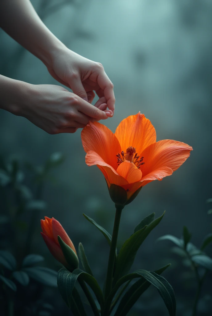 graceful hands of a woman touching the flower, intricate details, splash art, depth of field, motion blur, thick fog, full of dramatic and threatening scenes, insanely details, beautiful, f1.2, bokeh, 85mm, compressive field, perfect color grading. Influenced by Karel Appel, Greg Manchess, Paolo Serpieri and Jeremy Mann. Masterpiece, very detailed, dramatic lighting, trends on Artstation 8k HD detailed realistic, super high res, (fidelity: 1.4), sharp re, by Lee Jeffries, rich colors hyper realistic lifelike texture dramatic, unreal engine 5
