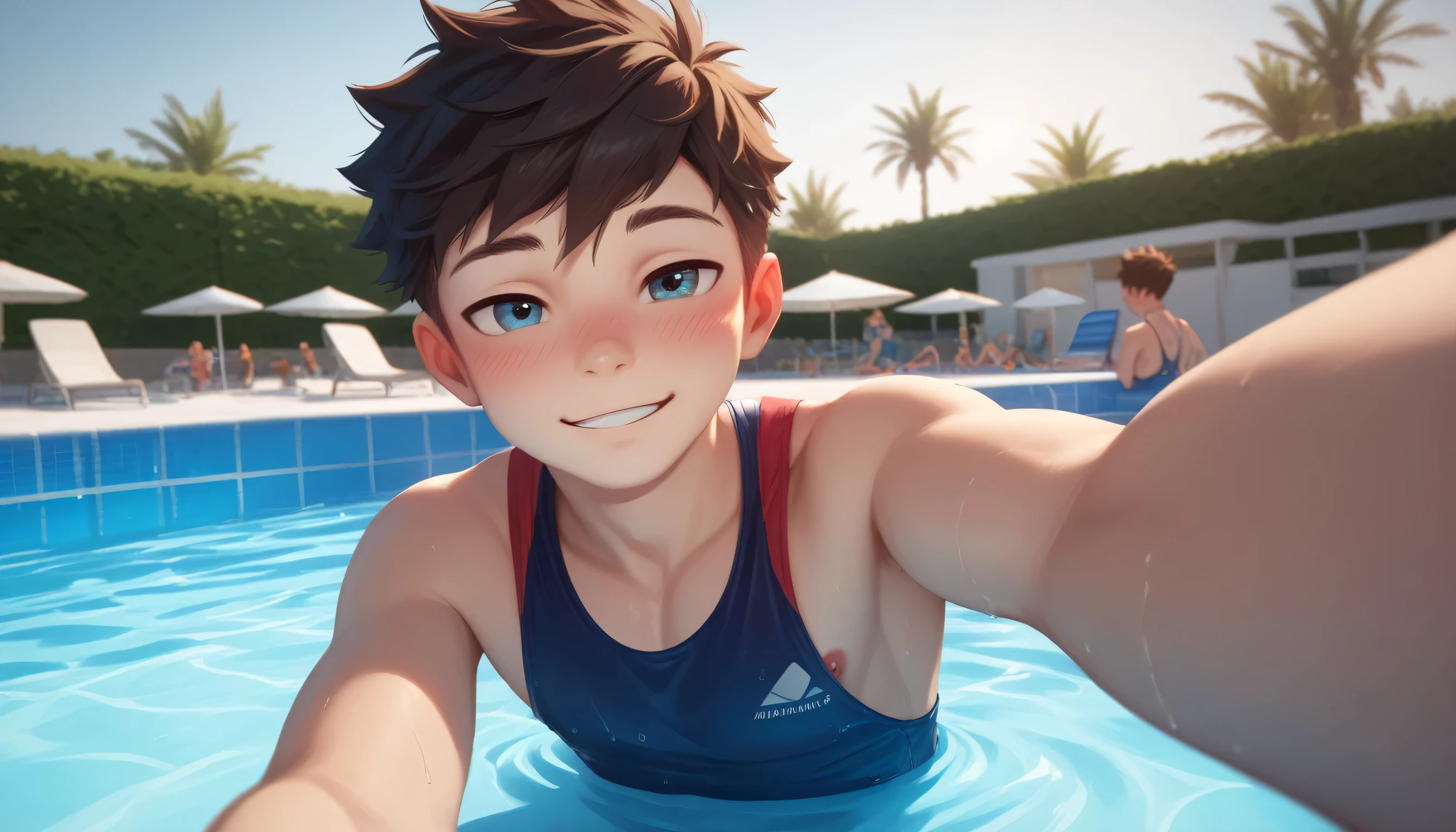 Two handsome cute kiid  boy 5yr,kiidnap,delicious expression,blush,messy short hair,from front,in public pool,kiid face,wearing clothes swimming,selfie in pool,fullbody,HD,4k,8k,dynamics lighting,perfect lighting,realistic