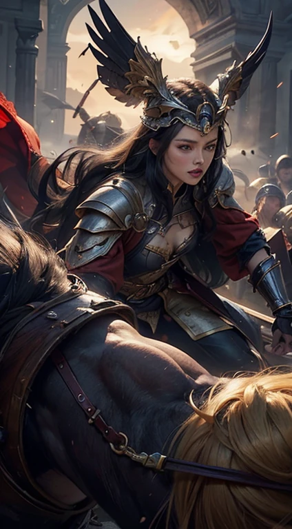   Masterpiece  ,8k, super detailed, top quality,battlefield,(background: Warriors Are Fighting ,Red Warrior,,Jumping,,Slash),(Middle Road:The Queens Are Fighting ,Blonde Queen,Baby kitsune， Amber Heard,Black Hair Queen,Park Bo-young, battle pose ),The lighting is dark and gloomy,  Exquisite Gold Armor  ,Beautiful gold crown, An Intricately Carved Silver Sword, Exquisite Eagle Helm .