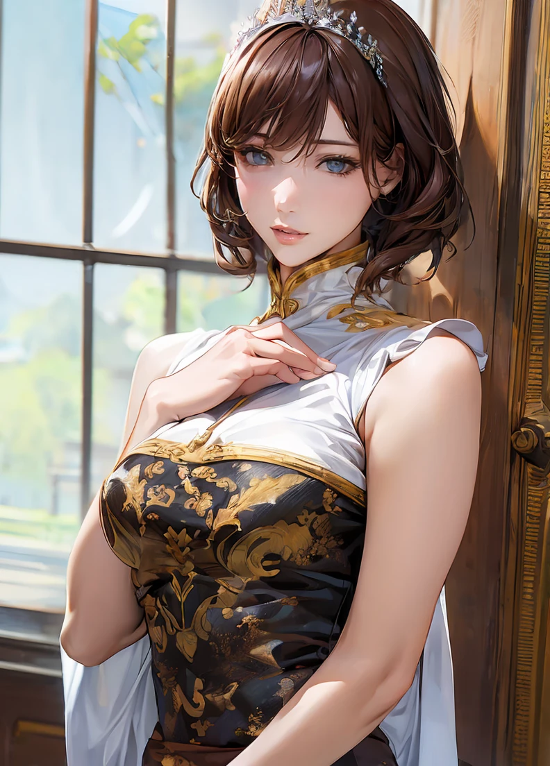 (( best quality )), (超 high definition ), ( very detailed), (Detailed explanation), (( best CG )), (masterpiece),  Super Fine Art , ( best quality , 8k, 32K, masterpiece), (( perfect anatomy )), ( realistic :1.2), ( high definition )、 very beautiful face and eyes 、 1 Woman 、((:1.3))、 Thin Waist、Delicate body、( best quality 、 attention to detail、 Skin Details )、( best quality 、8k、Oil paint:1.2)、 very detailed、portrait