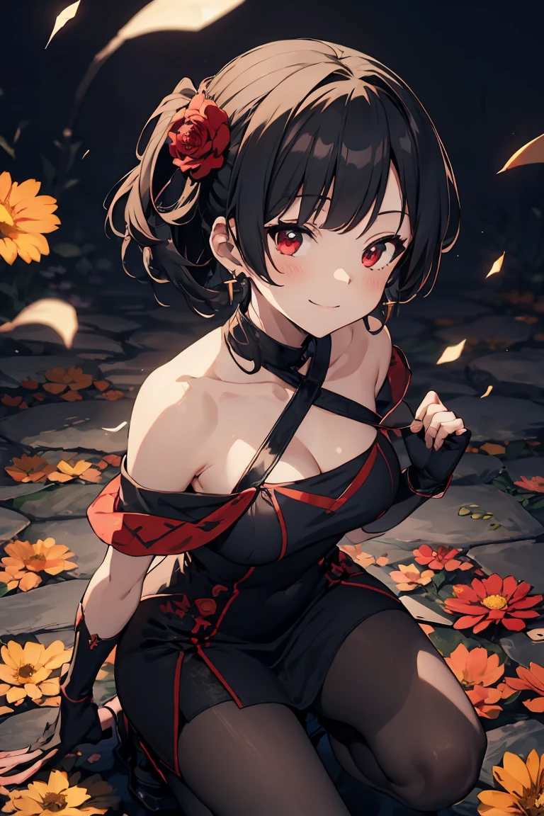 Anime style beutiful woman, 1girl,fullbody, happy, (with sparkling eyes and a contagious smile:1.2), red face, closed mouth, beautiful detailed eyes, super detailed skin, backlighting, bare shoulders, black background, black dress, black gloves, black hair, breasts, dress, earrings, fingerless gloves, floating hair, floral print, flower, gloves, gold earrings, gold hairband, hair flower, hair ornament, hairband, holding, holding weapon, jewelry, large breasts, long hair, looking at viewer, off-shoulder dress, off shoulder,red eyes, short hair with long locks, sidelocks, solo, spikes, thighs, two-sided dress, two-sided fabric, weapon, fighting stance , face, close up, from above, highest quality, high resolution,Real World, Natural light,perfect Natural light,looking at viewer,