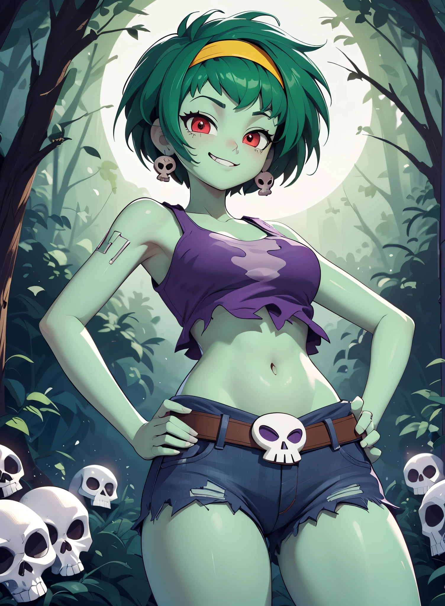 [rottytops], ((masterpiece)), ((HD)), ((high resolution)), ((detailed shading)), ((solo portrait)), ((waist up)), ((front view)), ((cartoon aesthetic)), ((beautiful rendering)), ((intricate details)), {(slim body), (green skin), (short green hair), (cute red eyes), (white reflection in eyes), (short eyelashes), (medium breasts), (curvy hips), (beautiful legs), (smug grin)}, {(purple torn tank top), (midriff), (navel), (dark blue ripped jean shorts), (yellow hairband), (skull earrings), (skull belt buckle)}, {(Standing), (hands on hips), (looking at viewer)}, [ambient lighting, dark forest, moonlight]