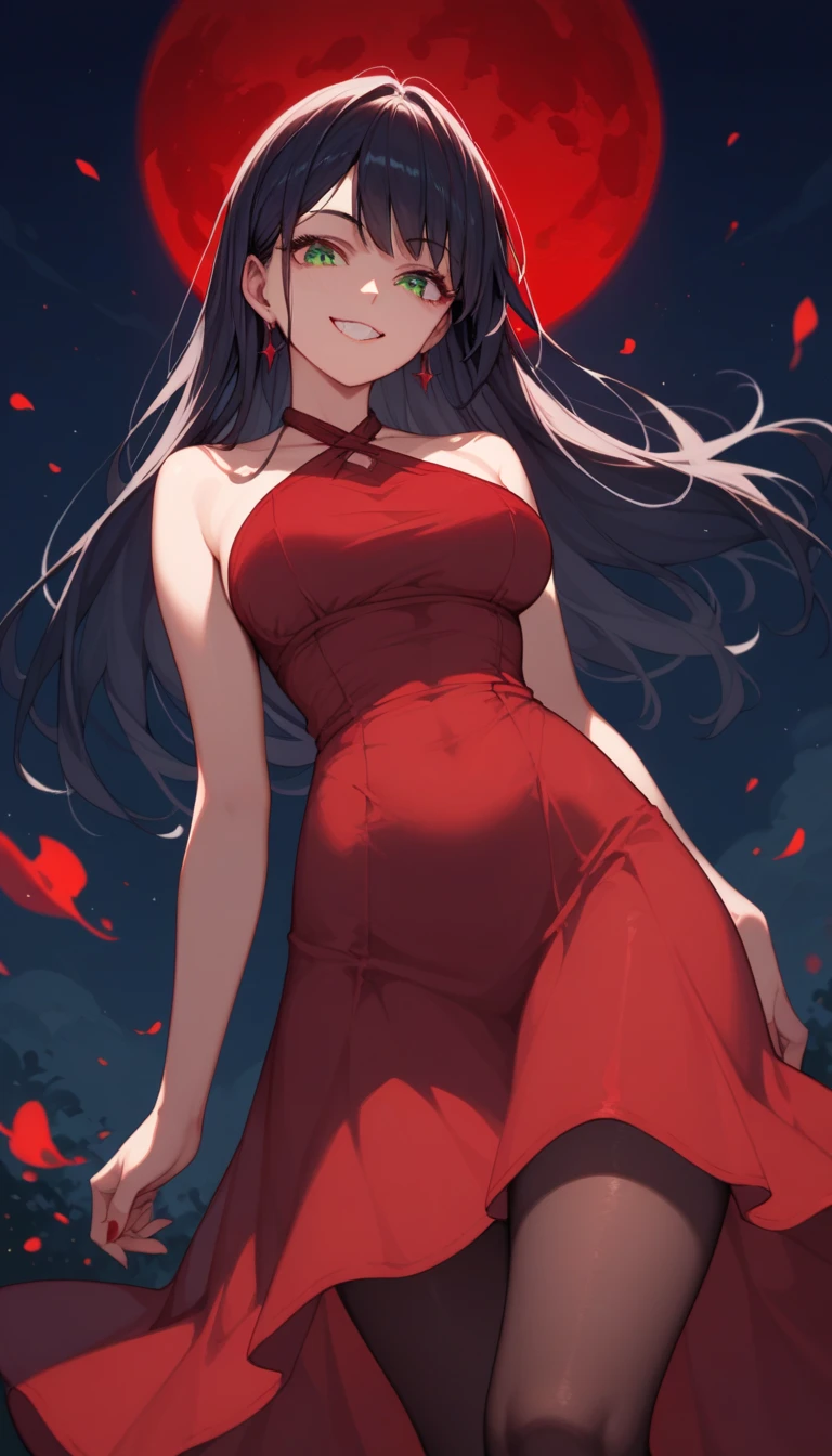 wide view, front angle, anime style,midnight sky, red moon, 1 woman, navy hair, long straight hair, green eyes, (evil smile), red halterneck dress, pantyhose, stand, pumps