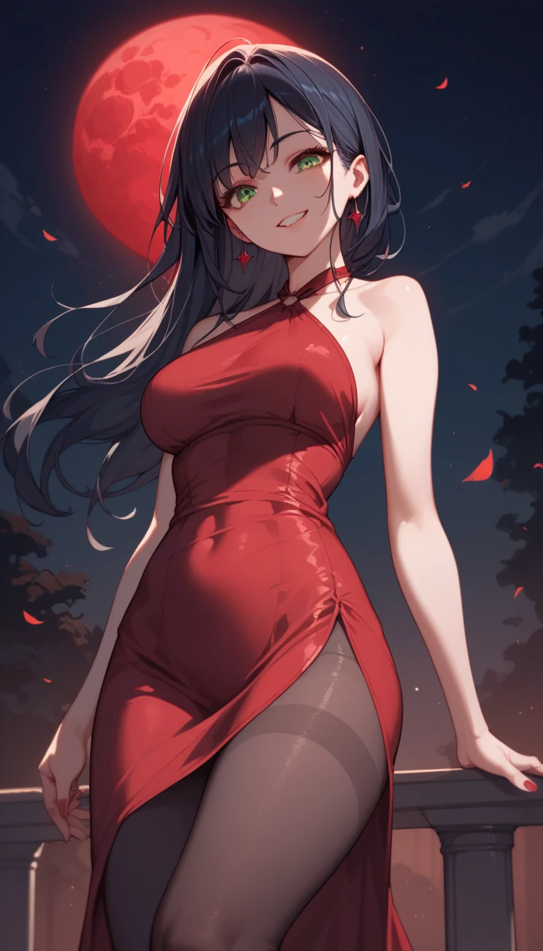 wide view, front angle, anime style,midnight sky, red moon, 1 woman, navy hair, long straight hair, green eyes, (evil smile), red halterneck dress, pantyhose, stand, pumps