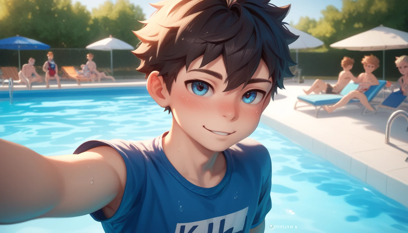 Two handsome cute kiid  boy 5yr,kiidnap,delicious expression,blush,messy short hair,from front,in public pool,kiid face,wearing clothes swimming,selfie in pool,fullbody,HD,4k,8k,dynamics lighting,perfect lighting,realistic