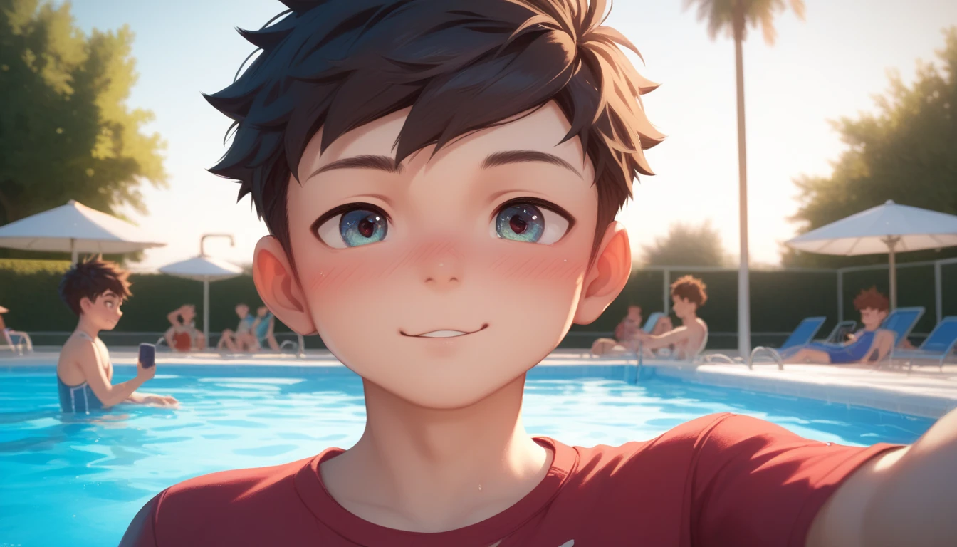 Two handsome cute kiid little young boy 5yr,kiidnap,delicious expression,blush,messy short hair,from front,watered,in public pool,kiid face,wearing clothes swimming,selfie in pool,fullbody,HD,4k,8k,dynamics lighting,perfect lighting,realistic