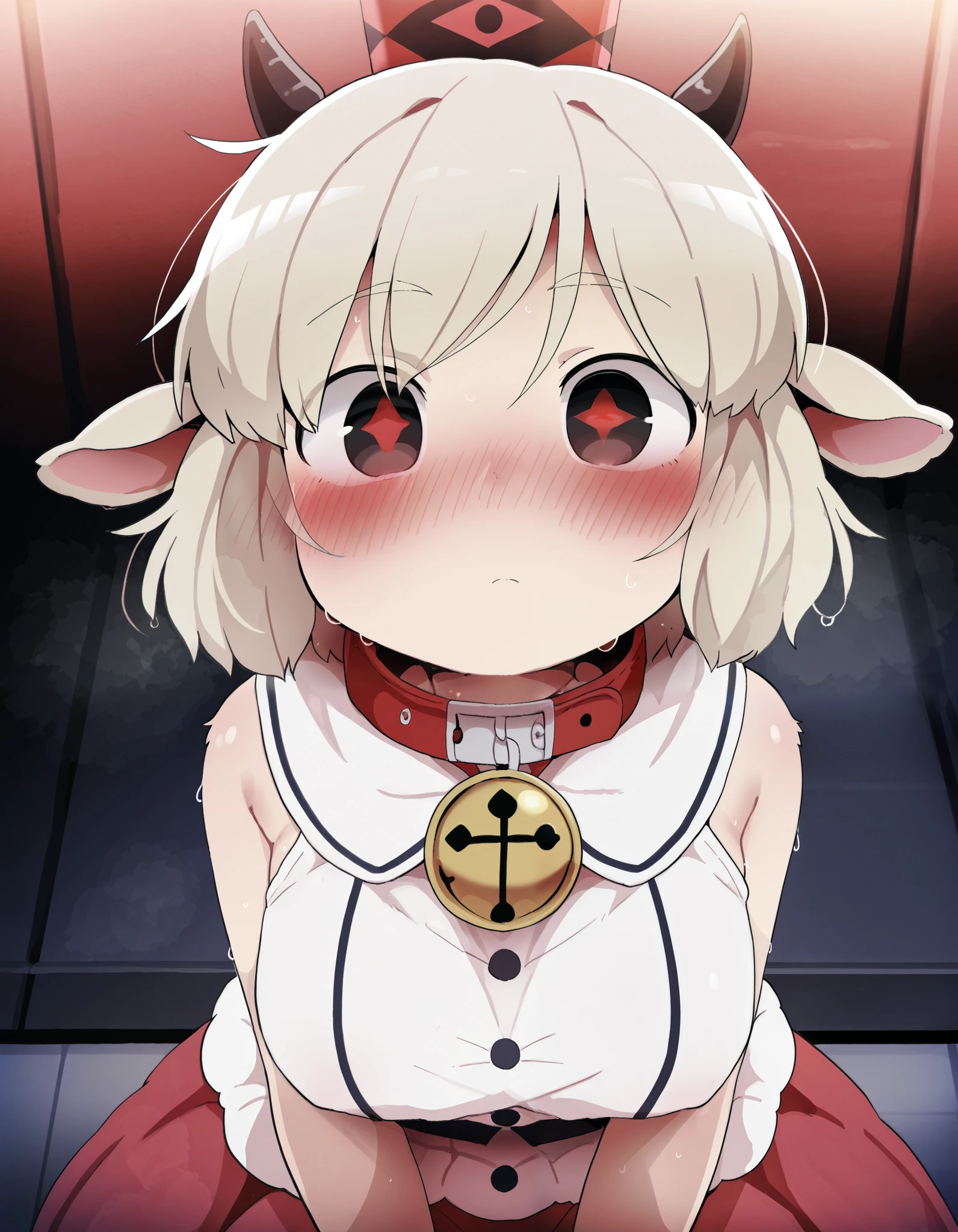 solo, dagasi_style, Dagashi_(Daga2626), score_9,score_8_up, score_7_up,  1girl,solo, cult of the lamb, sheep girl, collar, horizontal pupils, red/black eyes, red crown,