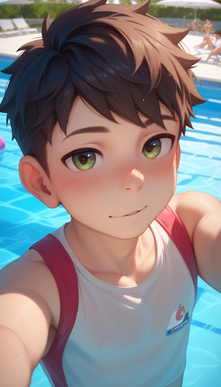 Two handsome cute kiid little young boy 5yr,kiidnap,delicious expression,blush,messy short hair,from front,in public pool,kiid face,wearing clothes swimming,selfie in pool,fullbody,HD,4k,8k,dynamics lighting,perfect lighting,realistic