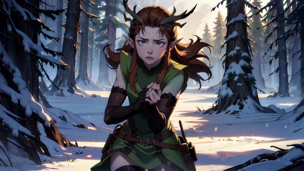 keylet, keylet,  long hair,  brown hair, ( green eyes :1.3),  pointy ears , elf, antlers, freckles,  ulybka,
BREAK thighhighs, gloves, boots, fingerless gloves, thigh boots, brown shoes,  green dress,
BREAK outdoors, the forest, nature,
BREAK looking at viewer, (cowboy shot:1.5),
BREAK (masterpiece:1.2),  top quality ,  High definition, обои unity 8k, (illustration:0.8), ( Beautiful detailed eyes:1.6),  extremely detailed face ,  perfect lighting,  Extremely detailed CG , (perfect hands , Perfect Anatomy),