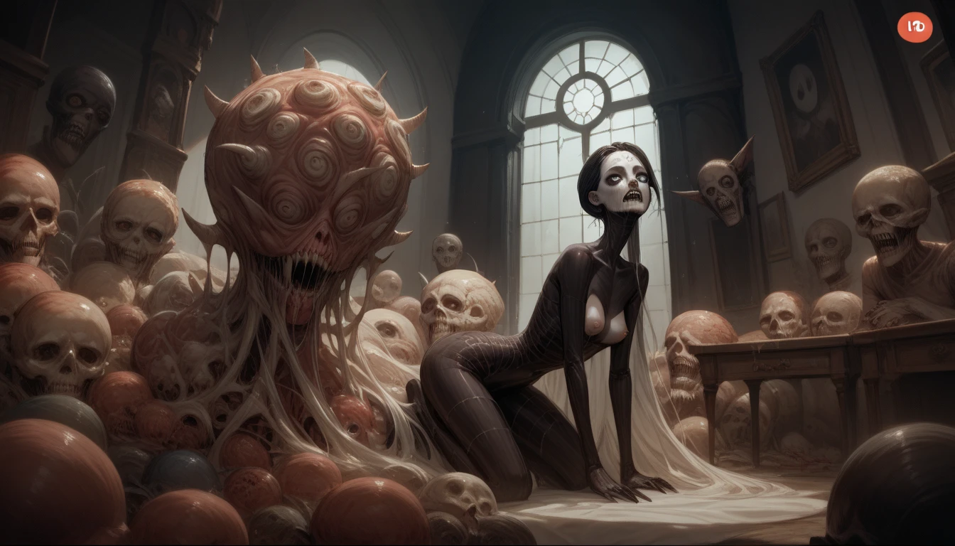 olorful dark theme painting of a horrific setting of a lady in profound slumber her arms placed behind her, with a devilish and animalistic incubus holding the lady in a sweet embrace with its hand placed upon her heart, highly detailed ominous baroque painting in the style of Nicoletta Ceccoli, mischievous expression, expressive pose, dreamy and ethereal, fantasy, intricate, elegant, dark and moody atmosphere, concept art, smooth, sharp focus, illustration, landscape painting, beautiful face, beautiful hands