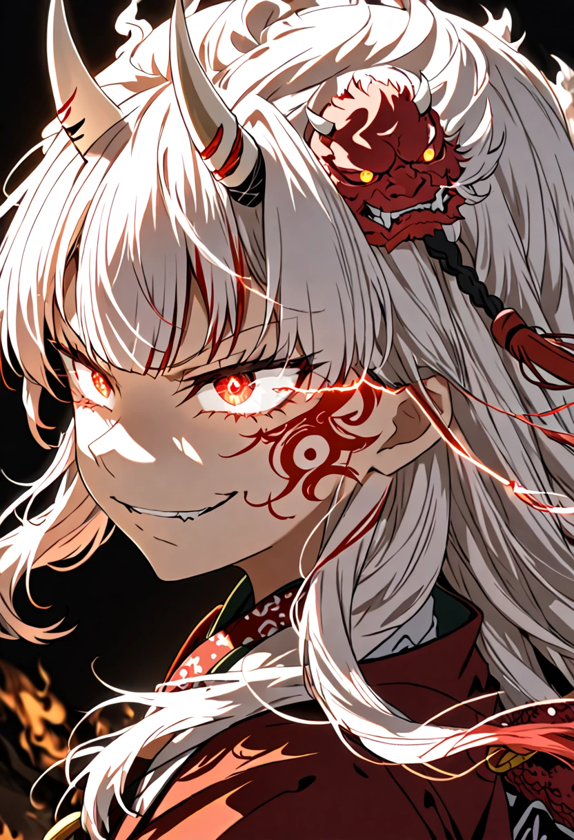 8K Ultra High-Quality, ultra-detailed, High quality, Nakiri ayame, white oni horns, smug, glowing hair, burning hair, glowing eyes, close up, glowing face tattoo, dark background