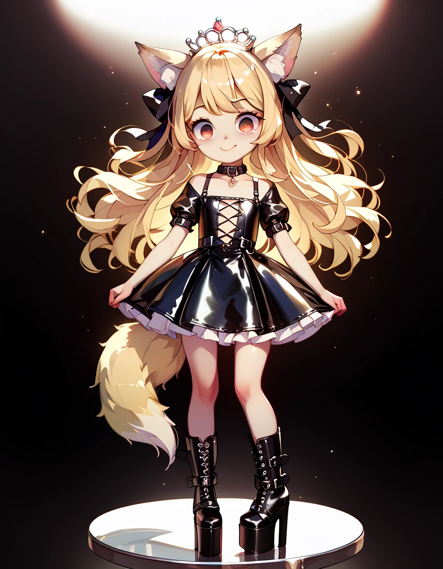  high image quality、 High Quality 、 petite girl、 big eyes、Droopy eyes、smile、Pure、crown、Wolf ears、Wolf Tail、Blonde、Platform boots、princess、 leather bondage dress