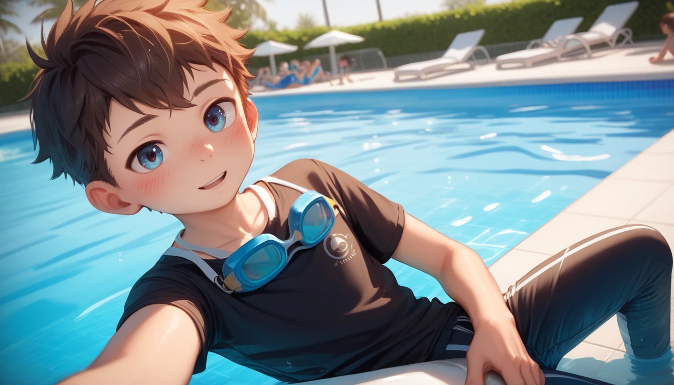 Two handsome cute kiid  boy 5yr,kiidnap,delicious expression,blush,messy short hair,from front,in public pool,kiid face,wearing pants swimming,swimming,wearing swimming goggles,selfie in pool,fullbody,HD,4k,8k,dynamics lighting,perfect lighting,realistic