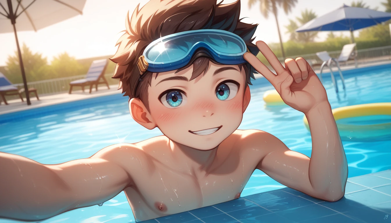 Two handsome cute kiid little young boy 5yr,kiidnap,delicious expression,blush,messy short hair,from front,in public pool,kiid face,wearing pants swimming,wearing swimming goggles,selfie in pool,fullbody,HD,4k,8k,dynamics lighting,perfect lighting,realistic