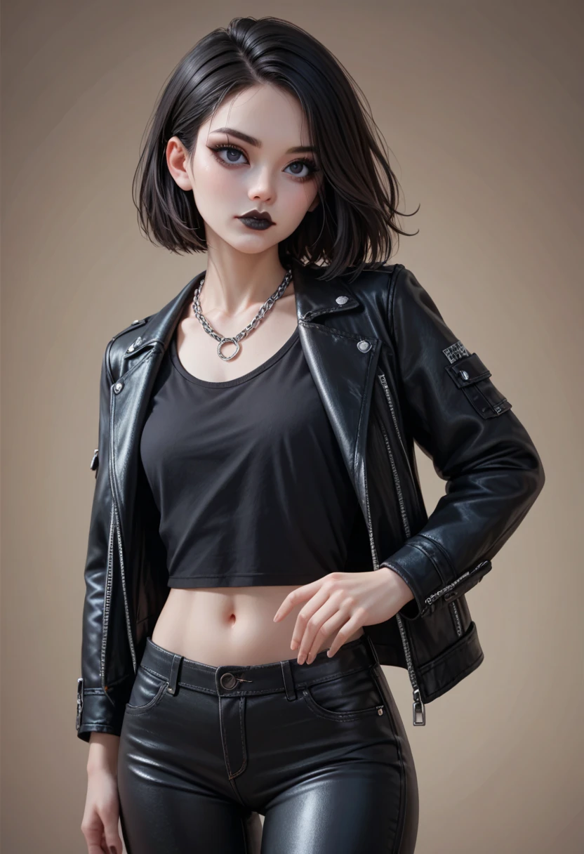 Best quality, 8k, 32k, perfect body, ultra detailed face, detailed eyes, detailed black eyelashes, beautiful face, asymmetrical bob hair, detailed white skin, looking forward, wearing a black leather jacket and black leather pants with a black shirt, small chain necklace, standing pose proudly, wearing black lipstick, sexy lips, eyeliner hitam, detail black eyes