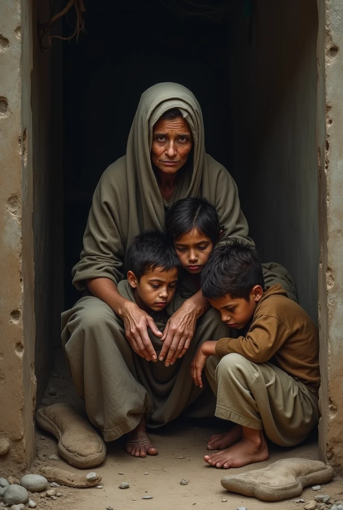 A muslim family sitting in a dark room, desperate and hopeless, (best quality,4k,8k,highres,masterpiece:1.2),ultra-detailed,(realistic,photorealistic,photo-realistic:1.37),cinematic lighting,dramatic chiaroscuro,dark moody atmosphere,dramatic shadows,emotional faces,dejected expressions,tattered clothes,clutching each other,dim room interior,no food or water,destitute conditions