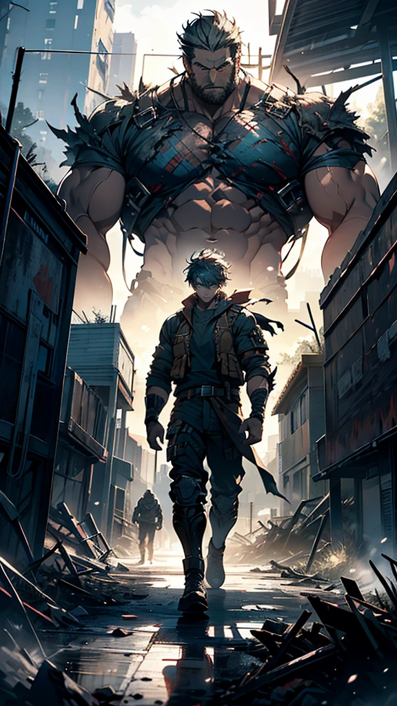 1 man, green hair, green pupils, angry, serious, V eyebrows, white t-shirt, black pants, shoes, combat pose, covered in blood and full of wounds, destroyed city in the background, knight with red and black armor in the background