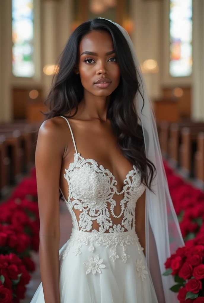 Realistic full body photo of a smiling black woman with long hair, ponytail hairstyle, She dances in front of the camera in a long A-line wedding dress with straps made of shiny satin., Park,glamour fotoshooting, Wedding celebration, perfect anatomy, perfect brown eyes. Perfect hands with 5 fingers on each hand, Matching girl, looking at the camera, 1 Frau. (Eye make up:1.1), (highly detailed skin:1.1), spirit, analog style, keen focus, 8K UHD, dslr, good quality, Fujifilm XT3, Grain, Award-winning, masterpiece. Wedding celebration