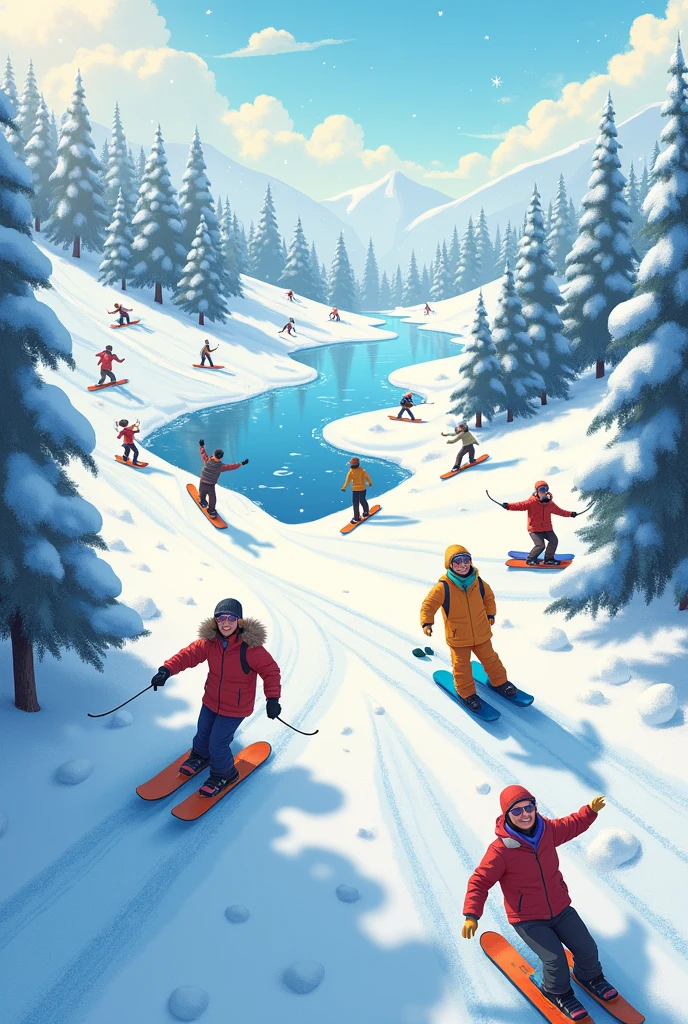 Ski resort with fishermen skiing