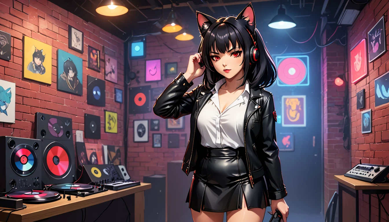  score_9,  score_8_above,  score_8, 1 girl, mature female, Alone, junkotvvxl, black hlong hair ,  straight bangs , large headphones ,cat ears, red eyes,source_animated, mini leather skirt,  thick thighs,  wide hips , casual black clothes,white blouse, brasier,  black leather jacket  , with a background of ( vinyl records on a brick wall), music studio ,(neon lights), ( stylized collage ), ( LegendDarkFantasy ,, memphisstyle-6750 )