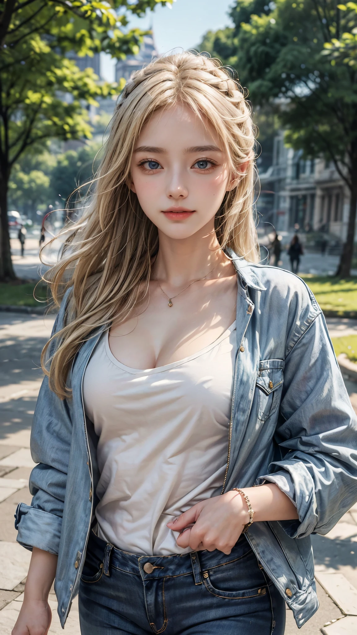 ((High-definition images, masterpiece, atmospheric perspective, 8K, Super detailed, Accurate, highest quality, single shot)), (casual style), Jacket, unbuttoned shirt, swollen areole, (round face, realistic eye size, droopy eyes, blush, smile), (((stand and spread your legs, ))), (in the forest, Mountain, rock, Narrow River, At night), blonde braid hair, small earrings, thin necklace, (light makeup),