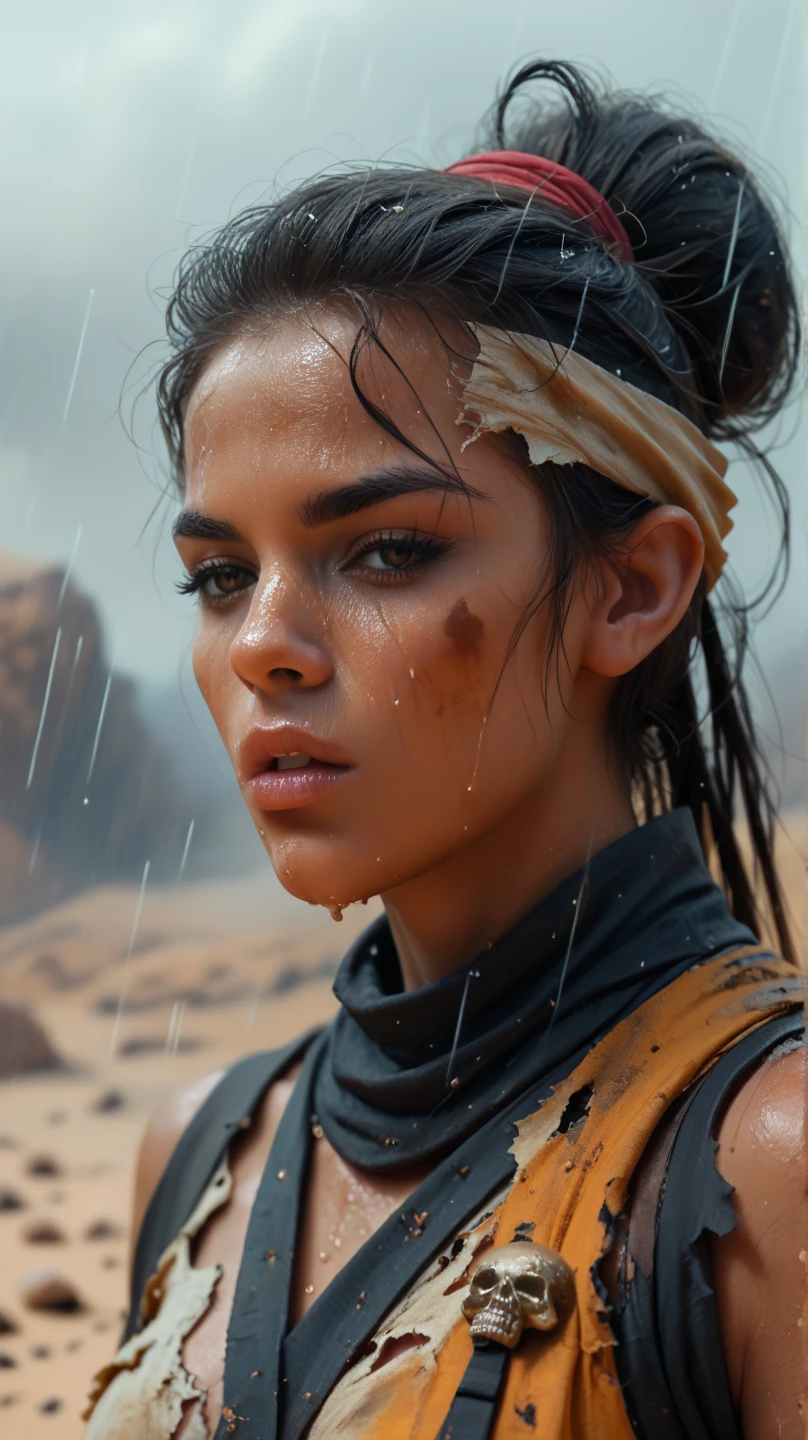 powerful smoky ninja samurai girl in old torn clothes with gold letters on her face and body, танцующая в in the desert ,  rain and fog , in the desert ,  the head in the form of a skull ,