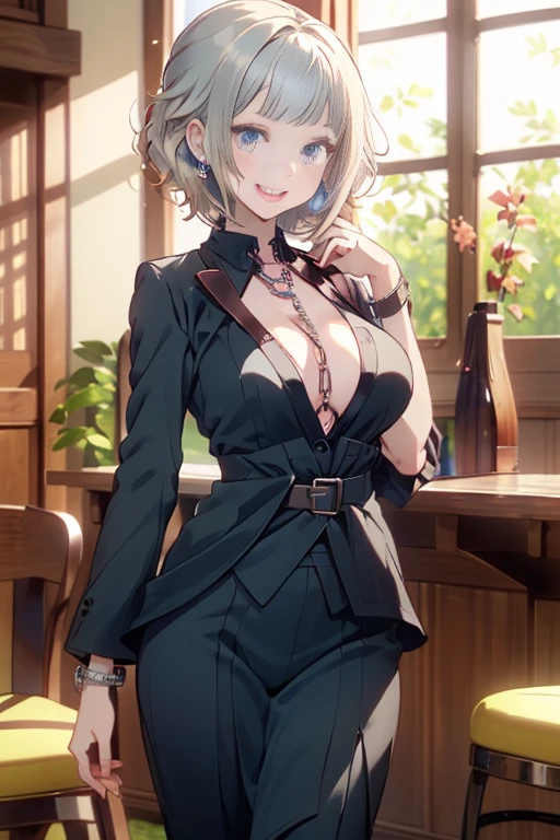 (NSFW)、bartender uniform:1.3,Photorealistic perfect body、Ultra-high image quality、Ultra-high realistic image quality、(Japan Gal:1.5)、(Teenage face:1.3)、(Office Lady Suit)、(garterbelts:1.3)、(Solo)、(medium-breasted:1.2)、(cleavage of the breast:1.8)、(Gravure Pose:1.3)、(Cowboy Shot、Thigh up:1.2)、Waist slender、(bangss)、(brown hair color:1.0)、(voluminous curly hair:1.2)、(Shorthair:1.5)、(Chain Belt)、(good lighting)、A smile、Gal Style Makeup、qute style earrings、silver bracelet、(silver Cross Ornament:1.0)、in the bar at morning ,happy smile, smiling,((Very happy smile))、cleavage,Show shoulders、Complex patterns and transparent materials、,(with sparkling eyes and a contagious smile),open mouth, Artistic depiction of seductive women, Emphasizes her charming silhouette,(with sparkling eyes and a contagious smile),her pubric hair by self touch,perfect anatomy),