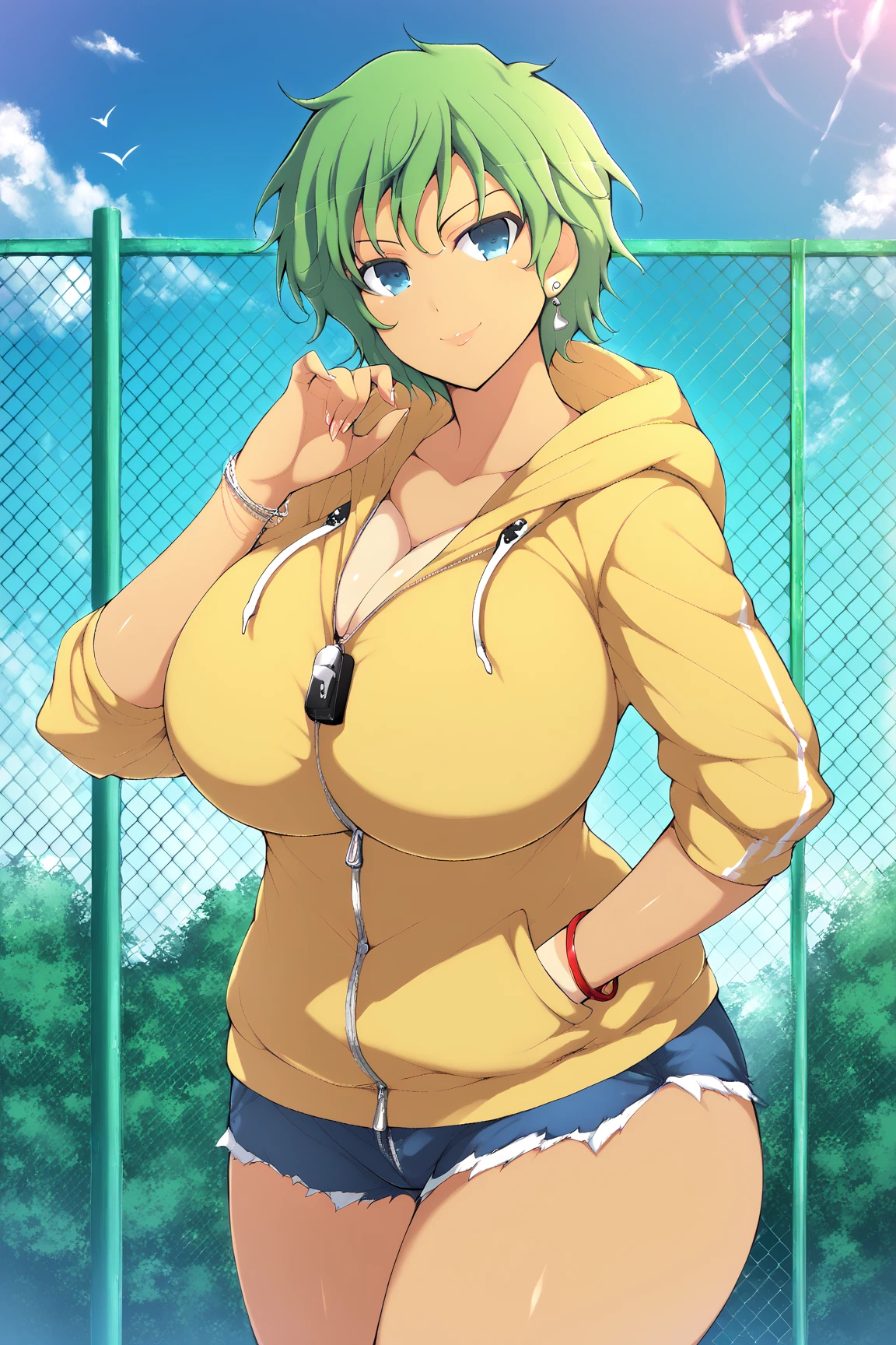 yaegashi nan, senran kagura, senran kagura burst, senran kagura new link,Inazuma 
, ,,  gigantic breasts, gigantic ass, giant thighs,score_9, score_8_up, score_7_up, source anime, standing, hand in pocket, head tilt, looking at viewer, light smile, parted lips, hand up, 1girl, wataya shiori, tan, green hair, short hair, wavy hair, blue eyes, large breasts, earrings, bracelet, hood, hoodie, hood down, zipper, bare legs, outdoors, chain link fence, whistle
