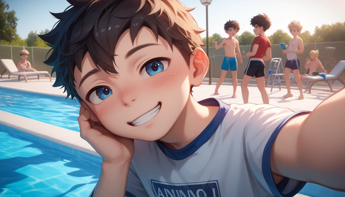 Two handsome cute kiid little young boy 5yr,kiidnap,delicious expression,blush,messy short hair,from front,watered,in public pool,kiid face,wearing clothes swimming,selfie in pool,fullbody,HD,4k,8k,dynamics lighting,perfect lighting,realistic