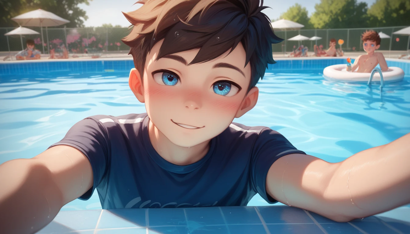 Two handsome cute kiid little young boy 5yr,kiidnap,delicious expression,blush,messy short hair,from front,in public pool,kiid face,wearing clothes swimming,selfie in pool,fullbody,HD,4k,8k,dynamics lighting,perfect lighting,realistic