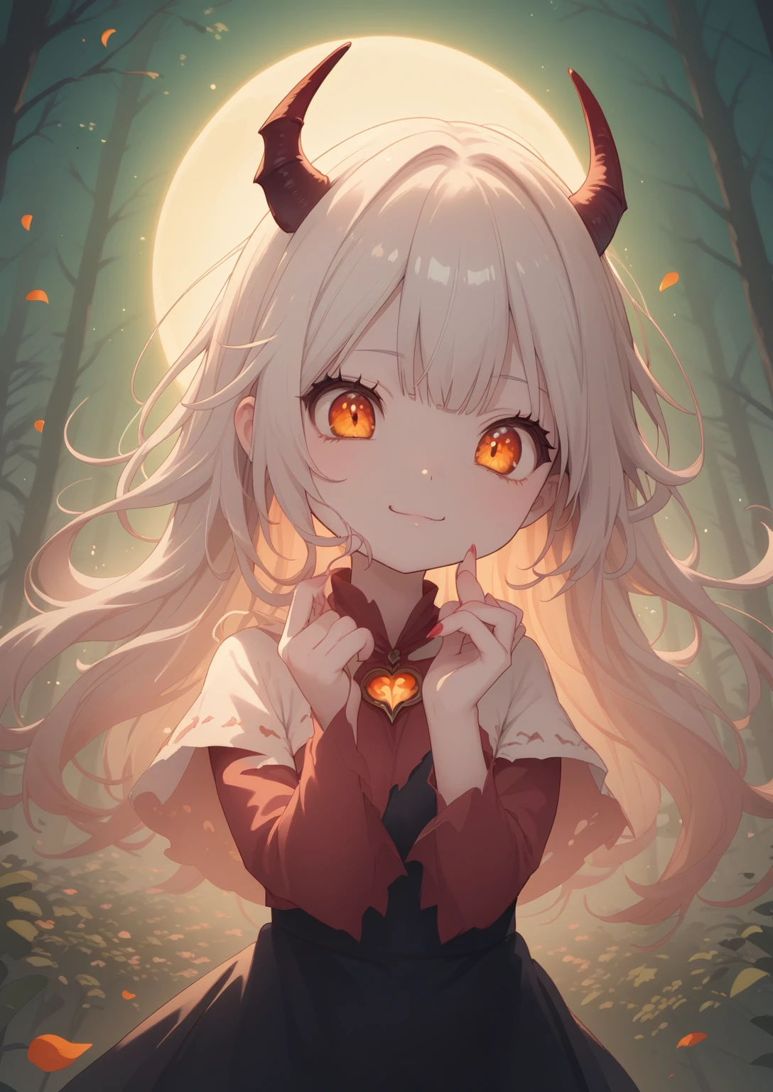 Hzk, score_9,  score_8_up,  score_7_up,  score_6_up,  score_5_up,  score_4_up ,(Alone:1.7),Baby kitsune， 1 girl \((devil:1.7),cute, big eyes, white skin,青 white skin, Evil Smiles ,Long nails, orange eyes ,( Look Down:1.3), capelet\((Very large:1.5),(Very long:1.3),(black),Torn\)\), break ,Feeling refreshed,( petals\( colorful ,beautiful,In the air,(Many)\):1.5),(dead tree),(close-up of girl),beautiful moon