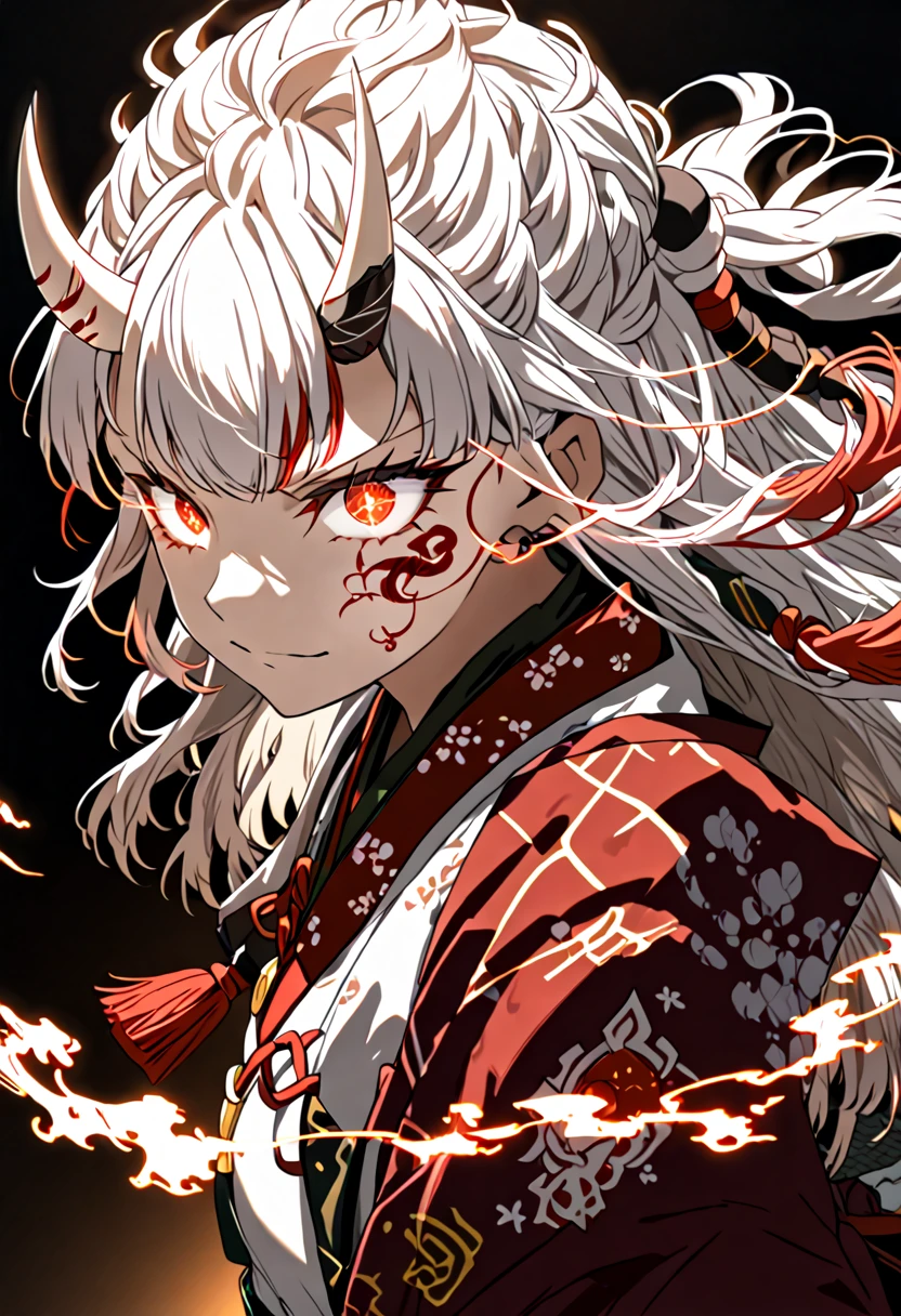 8K Ultra High-Quality, ultra-detailed, High quality, Nakiri ayame, white oni horns, glowing hair, burning hair, glowing eyes, close up, full body, glowing face tattoo, dark background