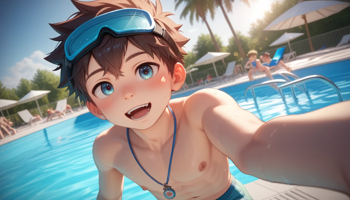 Two handsome cute kiid little young boy 5yr,kiidnap,delicious expression,blush,messy short hair,from front,in public pool,kiid face,wearing pants swimming,wearing swimming goggles,selfie in pool,fullbody,HD,4k,8k,dynamics lighting,perfect lighting,realistic