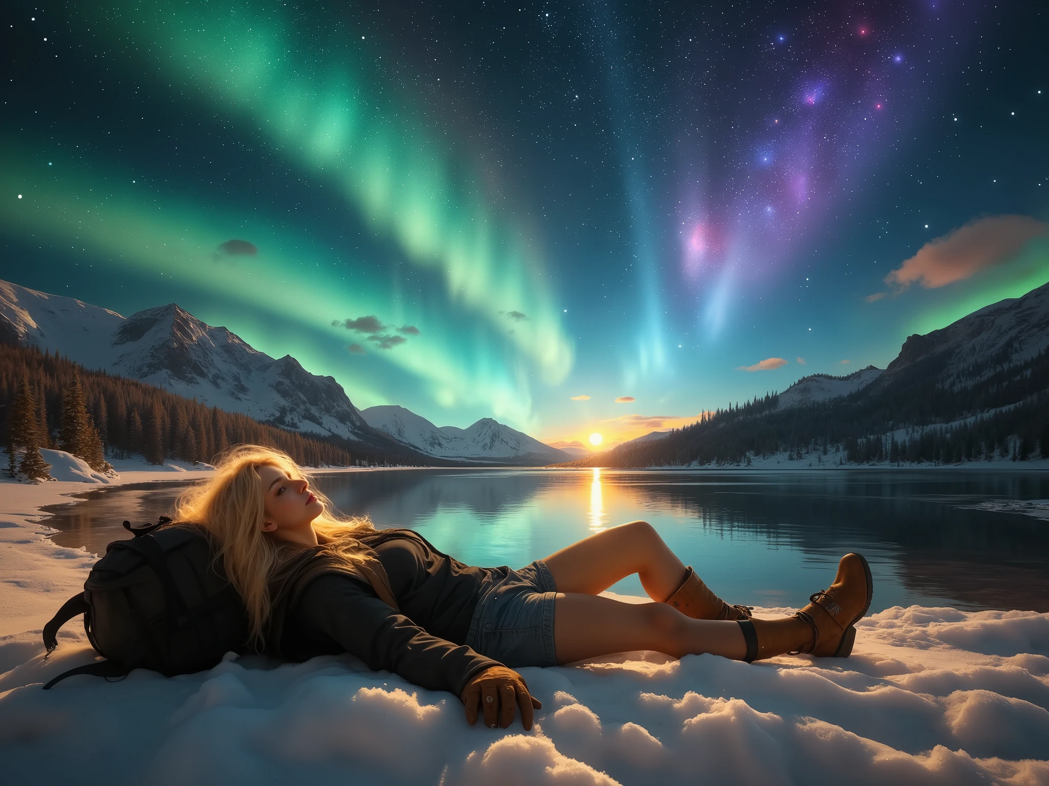 A photorealistic image captured in the cinematic style of a professional landscape photographer, using a full-frame DSLR camera with a 50mm f/1.4 lens. The composition showcases a solitary female traveler lying down in the snow, her blonde hair spread out around her, softly illuminated by the glow of the starry sky above. She is dressed in trendy boots, traveling shorts, a rugged yet stylish backpack resting beside her, and warm hand gloves that blend with her outfit. The majestic winter landscape behind her is rich with vibrant colors: a clear, mirror-like lake reflecting the brilliant stars, streaks of green and purple from a glowing aurora, and hints of warm orange and pink in the horizon. Frosted hills and snow-laden trees shimmer in soft hues of blue and white, while the starry sky adds depth with its contrasting tones. Her relaxed pose contrasts with the vivid, breathtaking scenery, creating a sense of peaceful solitude. The lighting is delicate, with a soft bokeh effect emphasizing her figure while the stars and colorful snowy terrain provide a sharp, ethereal backdrop. The atmosphere is serene and magical, evoking wonder and tranquility. The image is crafted with HDR detail and dynamic lighting, achieving a perfect balance of crisp realism and artistic depth.