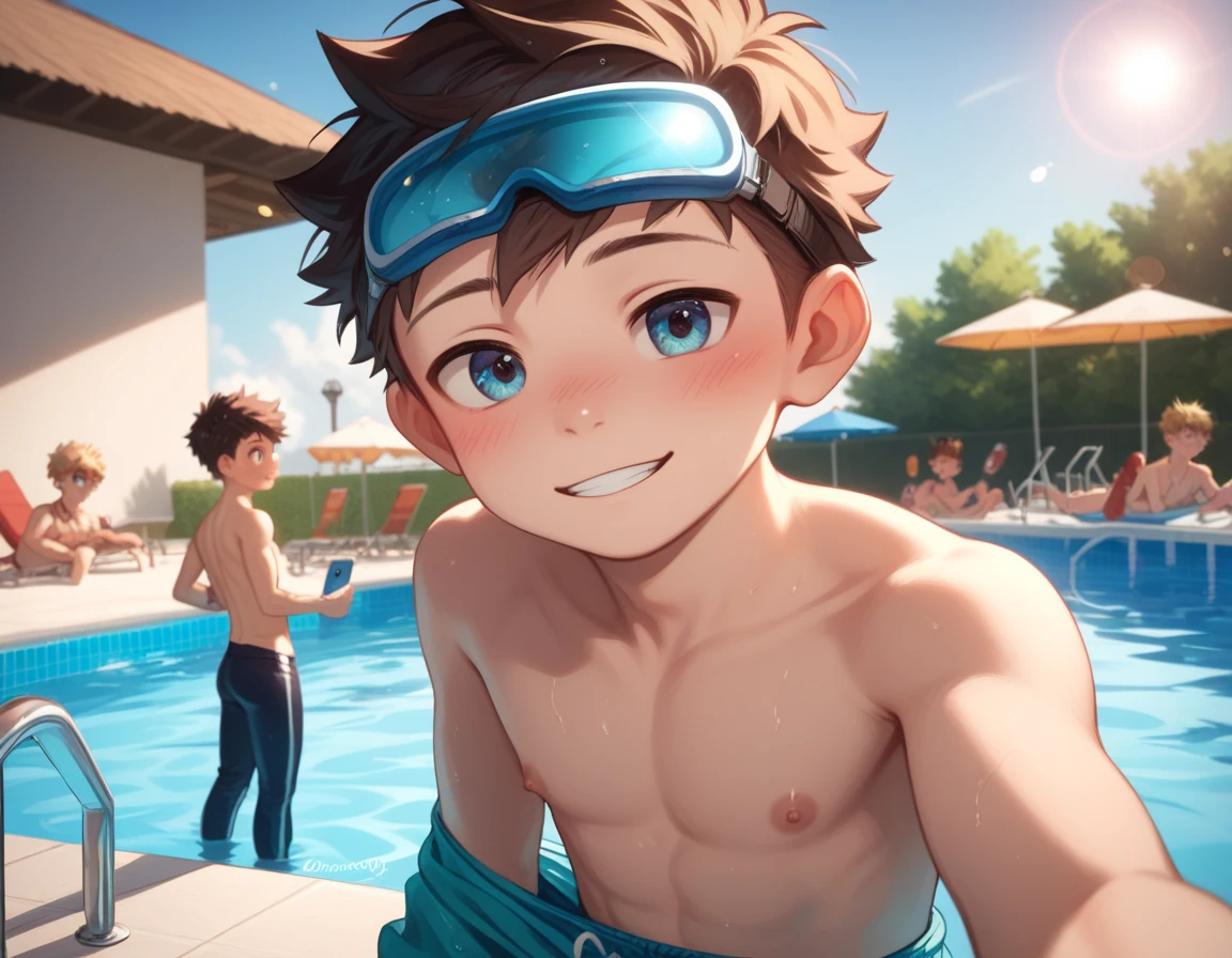 Two handsome cute kiid  boy 5yr,kiidnap,delicious expression,blush,messy short hair,from front,in public pool,kiid face,wearing pants swimming,wearing swimming goggles,selfie in pool,fullbody,HD,4k,8k,dynamics lighting,perfect lighting,realistic