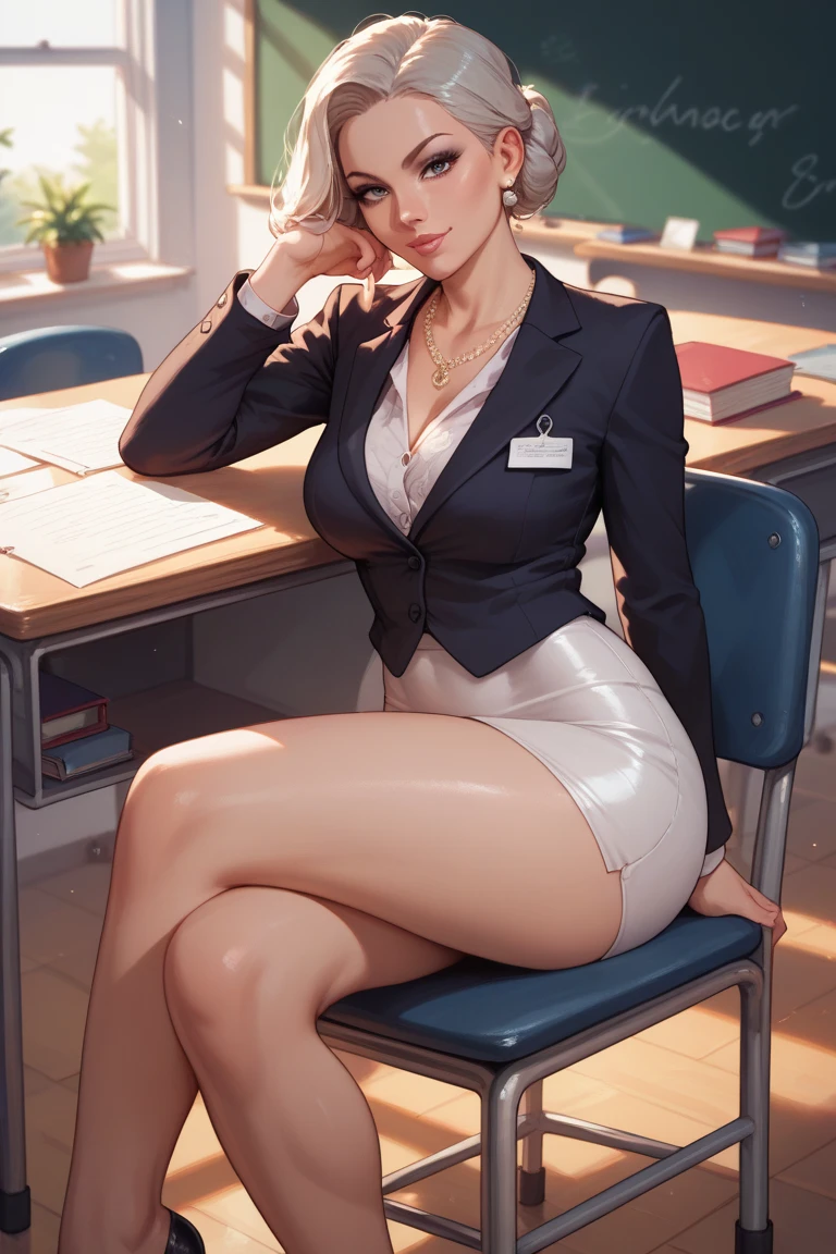  teacher in class, in teacher desk, elegant clothes, sitting in chair near her desk, in front of her class, wide hips. tight legs