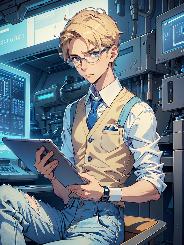 masterpiece, high quality, male, mid-30s, (upper body), sitting, ((holding tablet)), tall, slender, nerdy, short blond hair, blue colored eyes, (glasses), looking worried, looking sad, wearing white shirt, [(open) waistcoat : 3], cargo jeans, wristwatch, futuristic lab