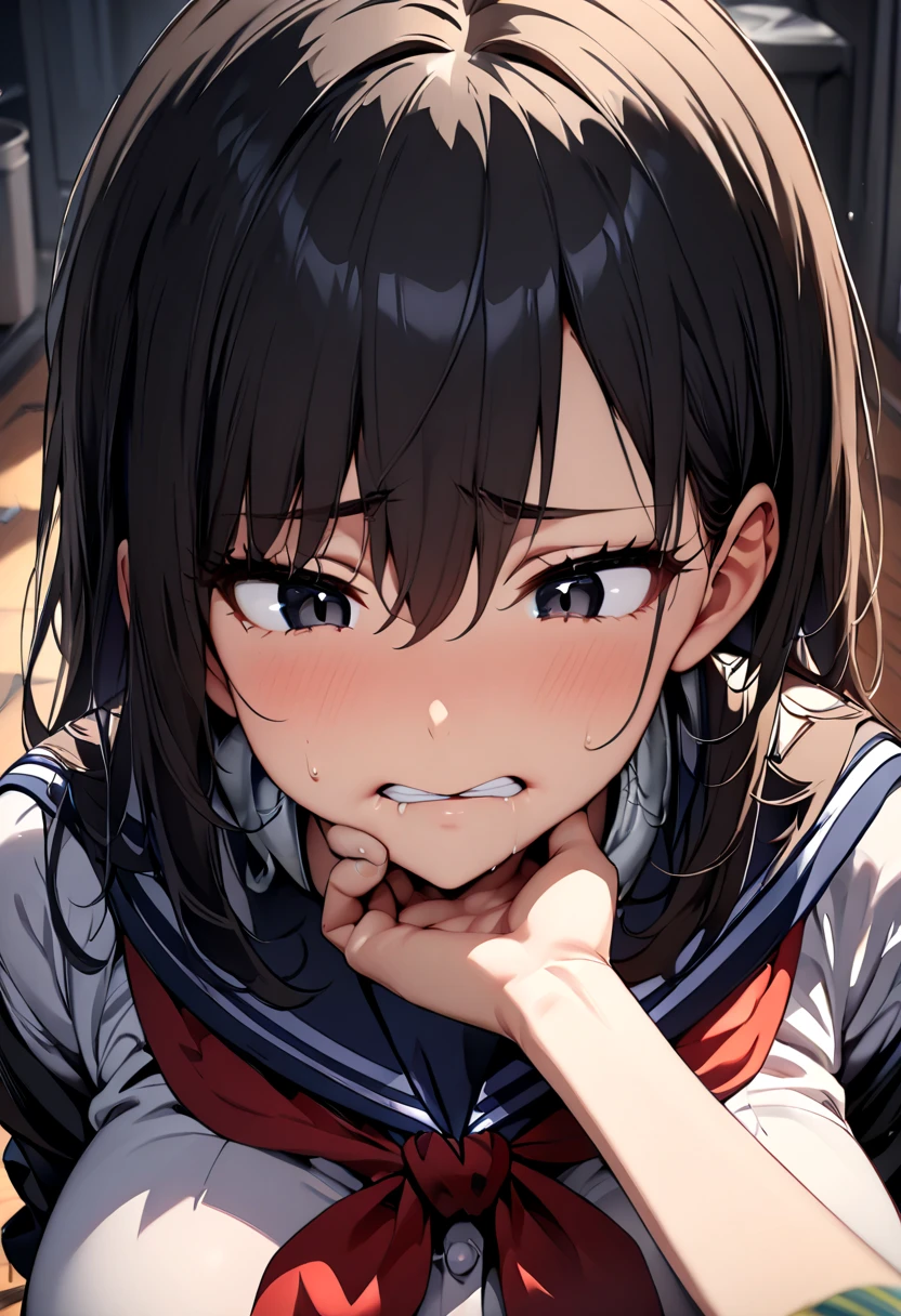 (  Masterpiece  ,   top quality:1.2), 1 girl, Alone,  expressive eyes,  squirm on the floor and look above, ((( looking at the camera))),  Female College Student,  Short Black Hair , ((( perfect face girl who wraps a neckerchief directly around her neck))), Big tits uniform, Troubled face, (Looking down), (((face shot))), (POV hand), (((POV grab your chin )))