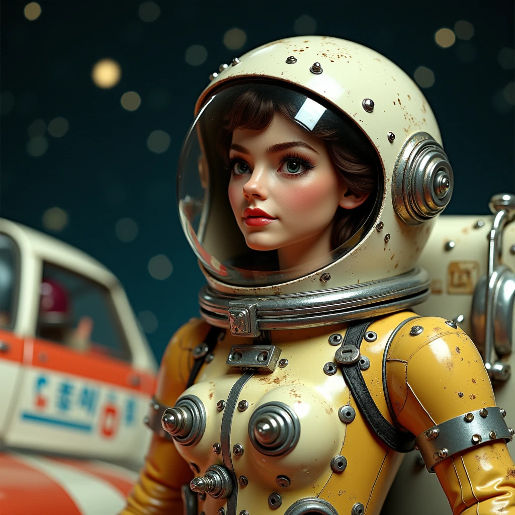  photorealistic、 1950s tin toy design 、Spaceship、Spacewalking astronaut 、 helmet design tin toy 、 beautiful woman inside helmet visor、 spacesuit is a woman's body line 、