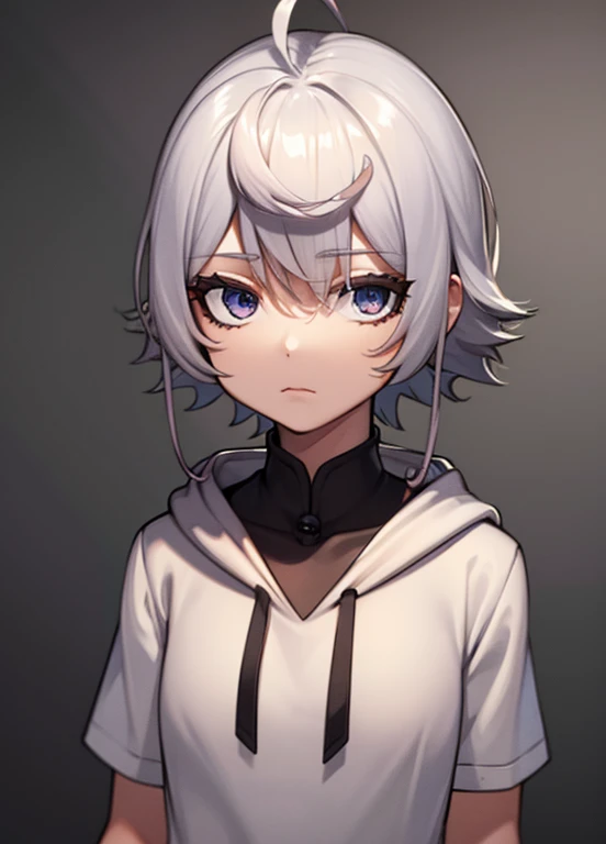 1girl, short white hair, white eyes, wearing a plain white shirt, hoodie, expressionless, high res, ultrasharp, 8K, masterpiece, looking at viewer